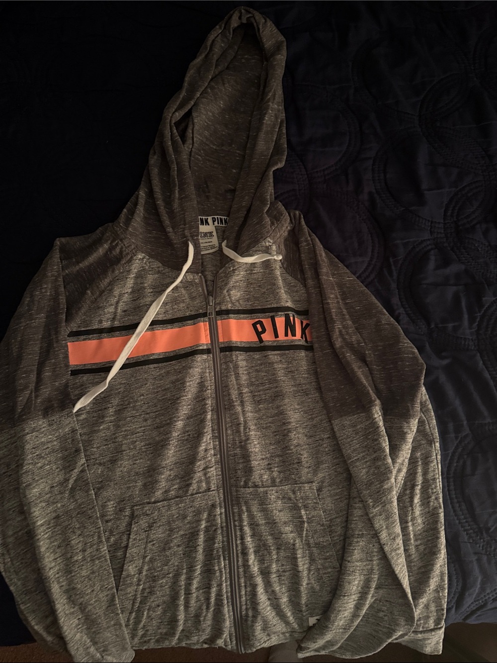 PINK Victoria's Secret Gray Zip Hoodie with Orange Stripe